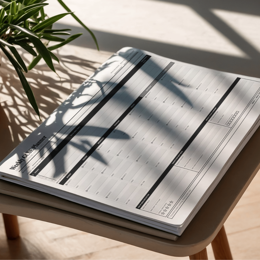 Printed weekly GCSE revision planner sheet lying on a table in daylight