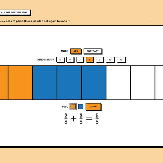 Adding and Subtracting Fractions - interactive Explore sandbox, Unit 1 shading tool
