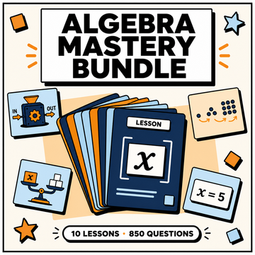 Algebra Mastery Bundle interactive digital lesson stack, fanned lesson cards with x block, function machine, sequence dots and balance scale icons