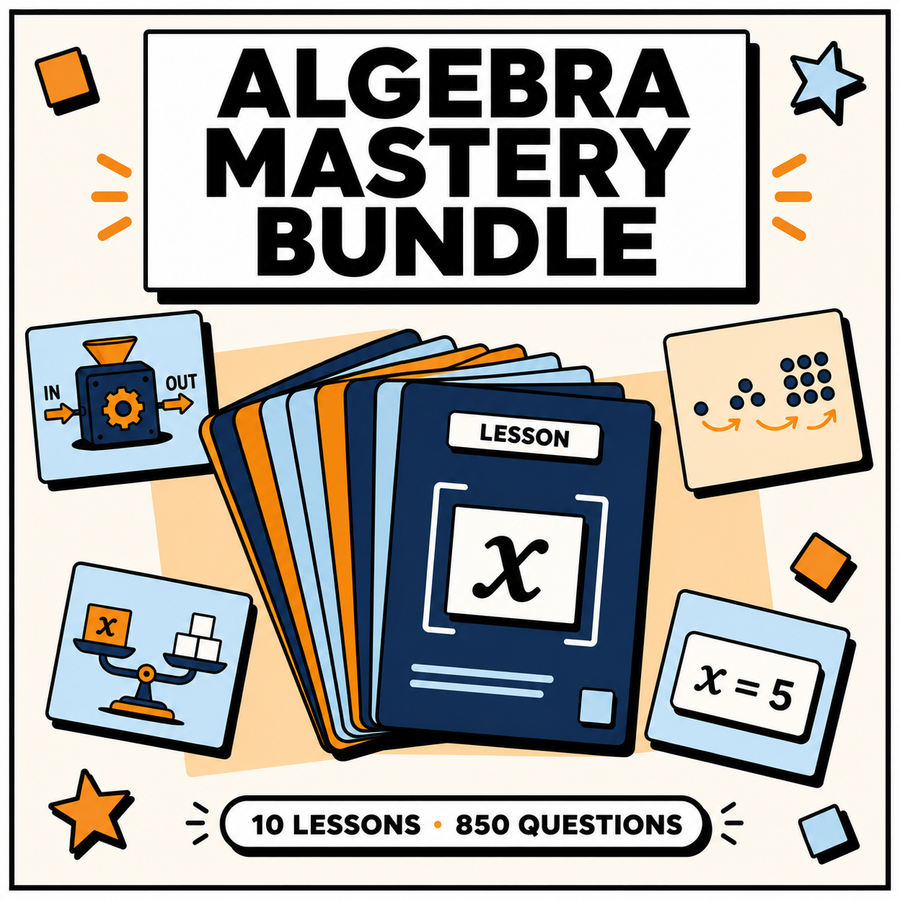 Algebra Mastery Bundle interactive digital lesson stack, fanned lesson cards with x block, function machine, sequence dots and balance scale icons