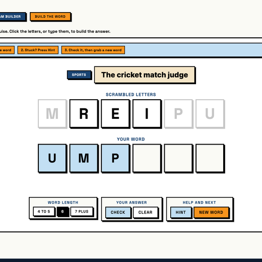 Anagram Builder tool, a child clicks scrambled letters to build the answer word