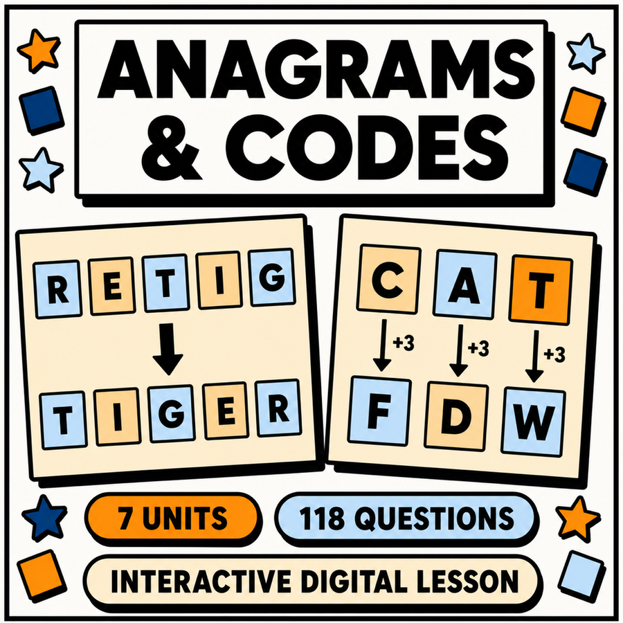 Anagrams and Codes mastery interactive digital lesson for 11 plus verbal reasoning, 7 units and 118 questions
