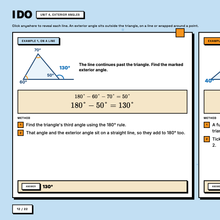 Worked example, exterior angle question revealed line by line with colour-coded working