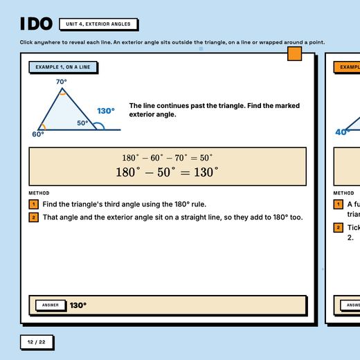 Worked example, exterior angle question revealed line by line with colour-coded working