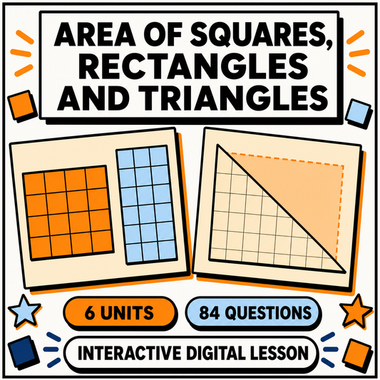 Area of squares, rectangles and triangles interactive digital lesson, 6 units, 84 questions