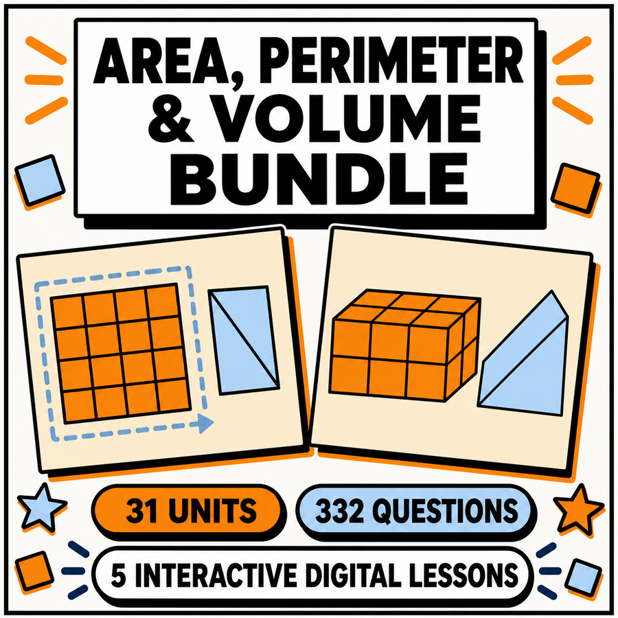 Area, Perimeter and Volume Mastery Bundle, 5 interactive digital lessons, 31 units, 332 questions