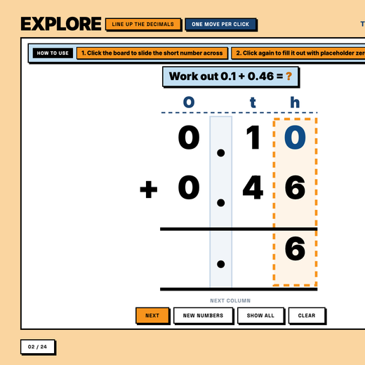 Interactive place value board sliding a short decimal into line