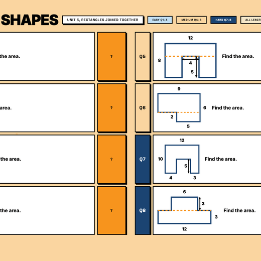 Unit 3 compound shapes, rectangles joined together, answers hidden