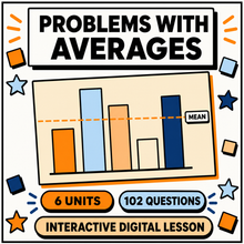 Averages problem solving interactive maths lesson for 11 plus and GCSE, 6 units and 102 questions