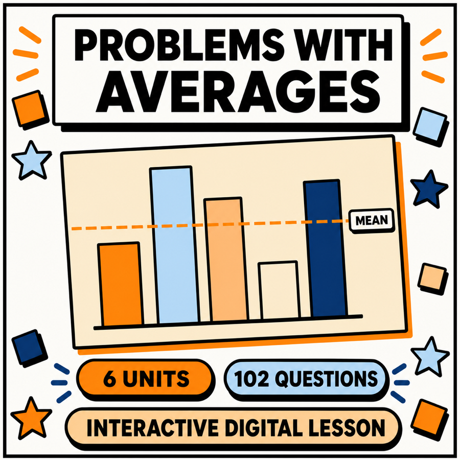 Averages problem solving interactive maths lesson for 11 plus and GCSE, 6 units and 102 questions