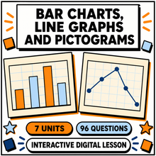 Bar charts, line graphs and pictograms interactive digital lesson, 7 units, 96 questions
