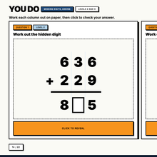 Missing digit practice set out in columns with a click to reveal answer