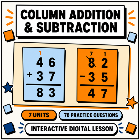 Column Addition and Subtraction interactive digital lesson, 7 units and 78 practice questions