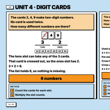 Worked example making two-digit numbers from digit cards, revealed line by line