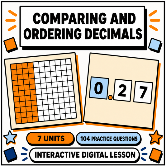Comparing and Ordering Decimals interactive digital maths lesson, 7 units and 104 practice questions