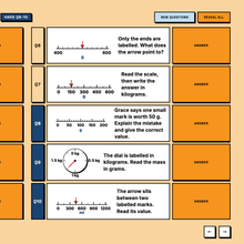 Hard tier reading scales questions with kitchen dials and measuring scales