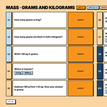 Converting grams and kilograms questions with click to reveal answers