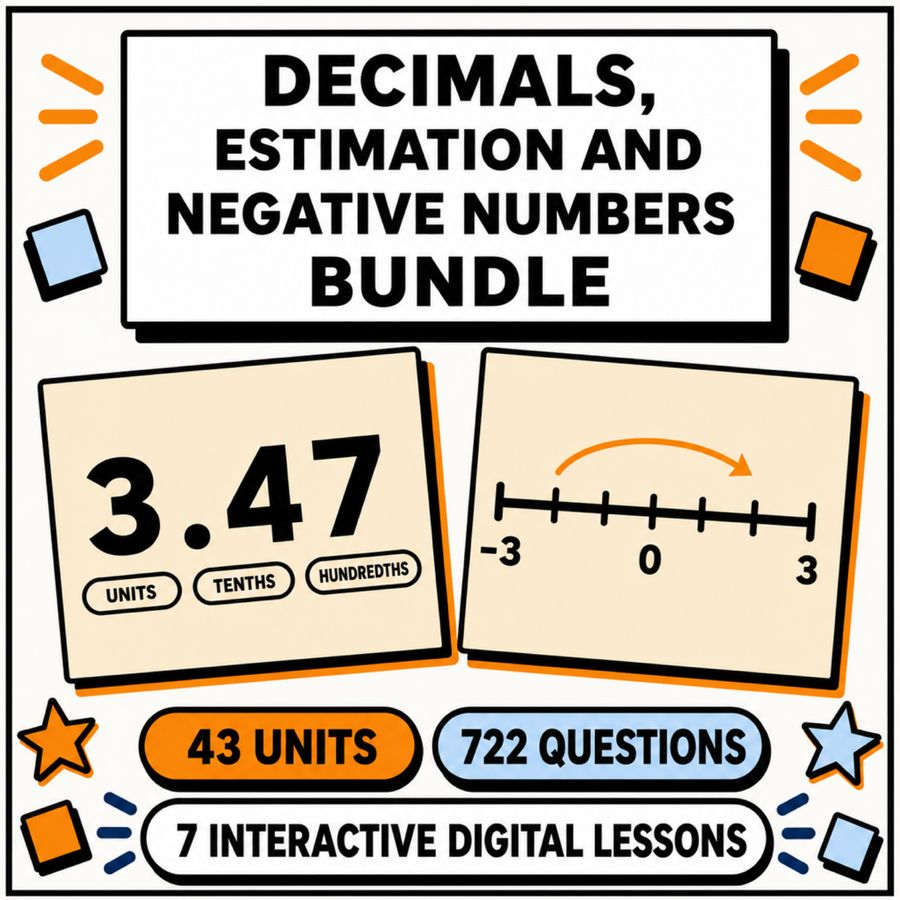 Decimals, Estimation and Negative Numbers Bundle, 7 interactive lessons, 43 units, 722 practice questions