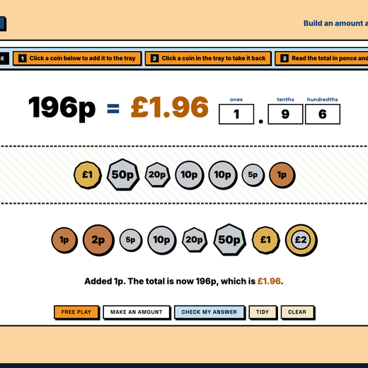 Coin tray explore tool showing 160p and one pound sixty in place value columns