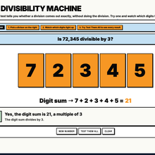 Divisibility Machine explore tool running the digit sum test on 72,345