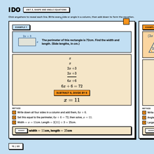 Worked example, forming an equation from a rectangle perimeter, revealed line by line