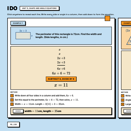 Worked example, forming an equation from a rectangle perimeter, revealed line by line