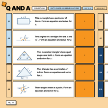 Shape and angle equation practice questions with accurate diagrams and click-to-reveal answers