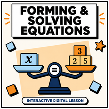 Forming and Solving Equations interactive digital lesson for 11+ and GCSE, balance scale with x and number blocks