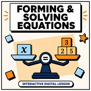 Forming and Solving Equations interactive digital lesson for 11+ and GCSE, balance scale with x and number blocks