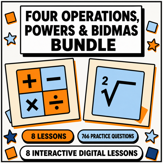 Four Operations, Powers and BIDMAS bundle, 8 interactive digital maths lessons for KS2 and 11+
