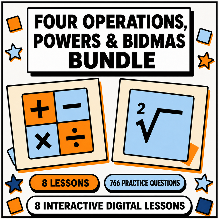 Four Operations, Powers and BIDMAS bundle, 8 interactive digital maths lessons for KS2 and 11+