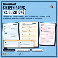 Free fractions worksheet pack, sixteen A4 pages with 84 questions covering writing fractions, adding and subtracting, multiplying and dividing, fractions of amounts and reverse fractions
