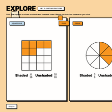 Explore slide, interactive shading grid and circle, Intro to Fractions