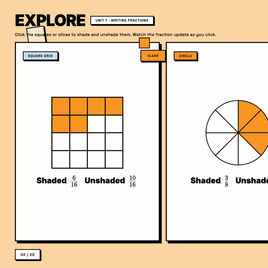 Explore slide, interactive shading grid and circle, Intro to Fractions
