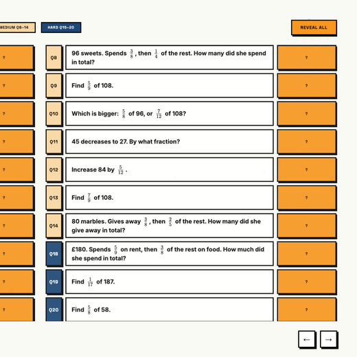 Hard tier mixed challenge questions, Fractions of Amounts, answers hidden