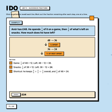 I Do worked example, finding three fifths of an amount, divide by the denominator then multiply by the numerator, full method shown