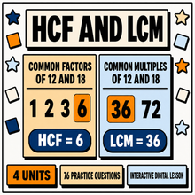 HCF and LCM interactive lesson, 4 units and 76 practice questions