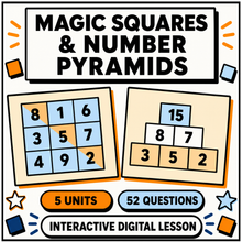 Magic Squares and Number Pyramids interactive digital lesson, 5 units and 52 practice questions for 11 plus and GCSE