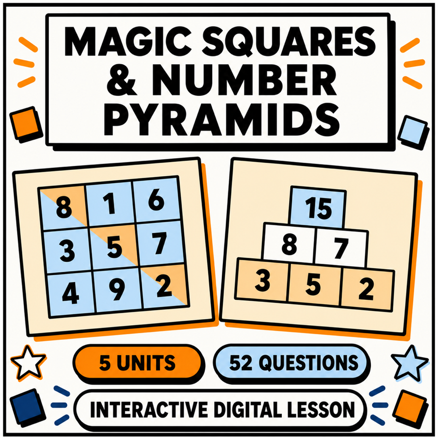 Magic Squares and Number Pyramids interactive digital lesson, 5 units and 52 practice questions for 11 plus and GCSE