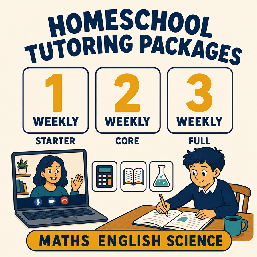 Homeschool tutoring packages, one, two or three weekly sessions in maths, English and science