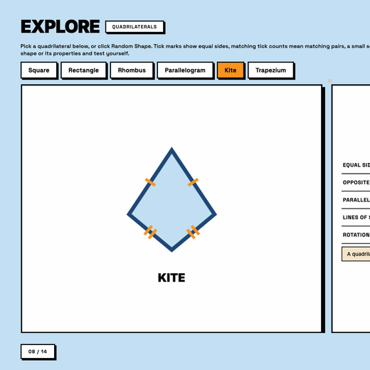 Explore tool, pick a quadrilateral and see its properties update live