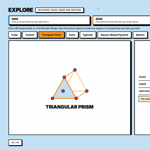 Explore tool, faces edges and vertices of a triangular prism