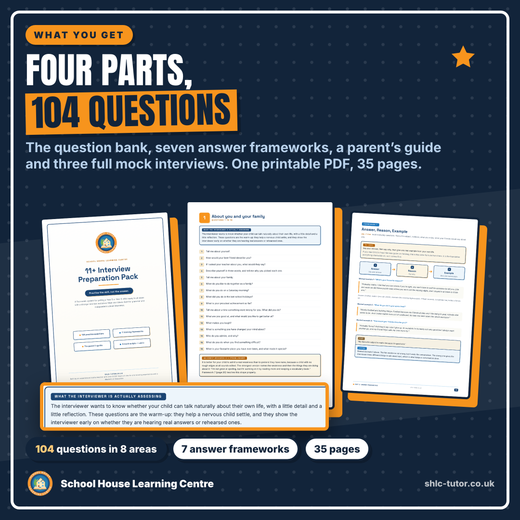 11+ Interview Preparation Pack: four parts and 104 practice questions in one printable 35 page PDF