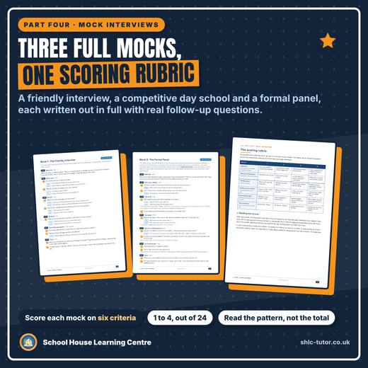 Three full 11+ mock interview scripts and a scoring rubric marking six criteria from 1 to 4