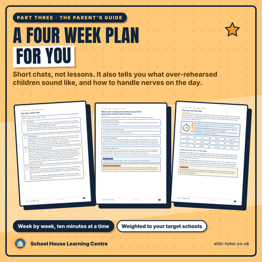 The parent's guide in the 11+ Interview Preparation Pack, with a four week practice plan and advice on nerves