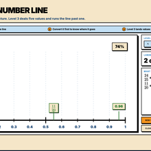Zero to one number line explore tool with fraction, decimal and percentage chips dragged into place