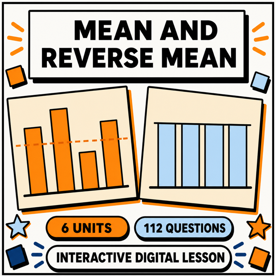 Mean and Reverse Mean interactive maths lesson for 11+ and GCSE, 6 units and 112 questions