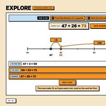 Bridging number line tool showing 47 plus 26 as two hops