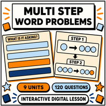 Multi step word problems interactive maths lesson for 11 plus and GCSE, 9 units and 120 questions