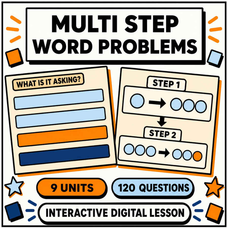 Multi step word problems interactive maths lesson for 11 plus and GCSE, 9 units and 120 questions